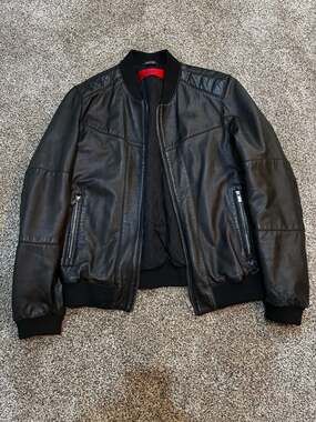 HUGO by Hugo Boss Men's Black Lambskin Leather Bomber Jacket